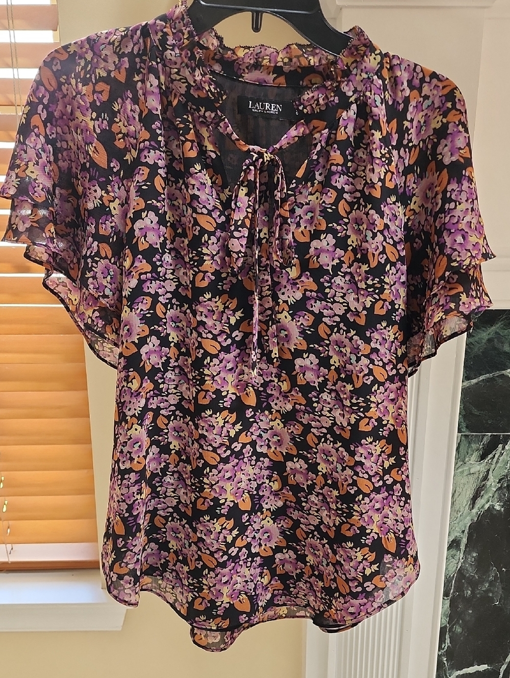 Ralph Lauren Black Floral Tie-Neck Blouse with Pink Purple Brown Accents Sz L